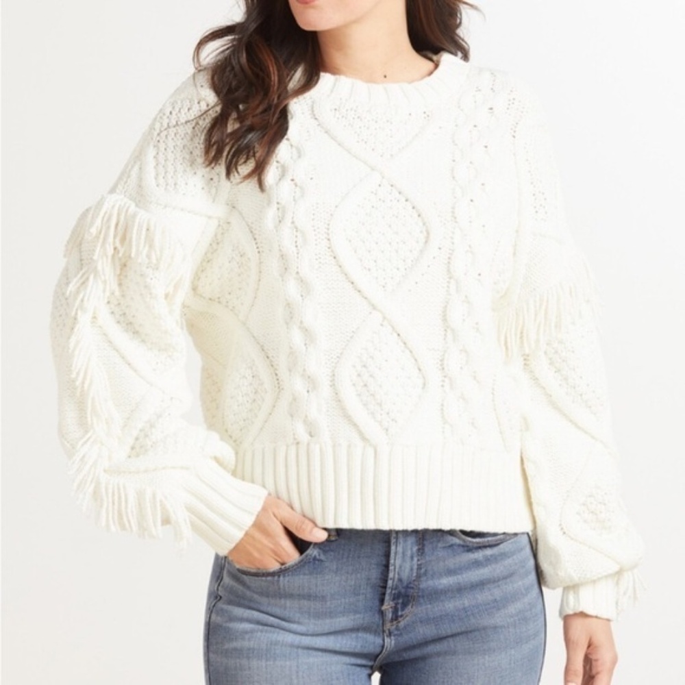 Line & Dot Fringe Cable Pullover Sweater